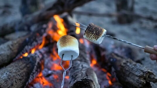 Fotografia em close-up das mãos de um casal segurando dois espetos de madeira com marshmallows queimando sobre uma fogueira de chão feita de tijolos cinzas, à noite, na grama. O marshmallow de cima está em chamas. É possível ver uma aliança dourada no dedo anelar da mão masculina que segura o espeto de baixo e um anel delicado na mão feminina. O fundo é escuro.