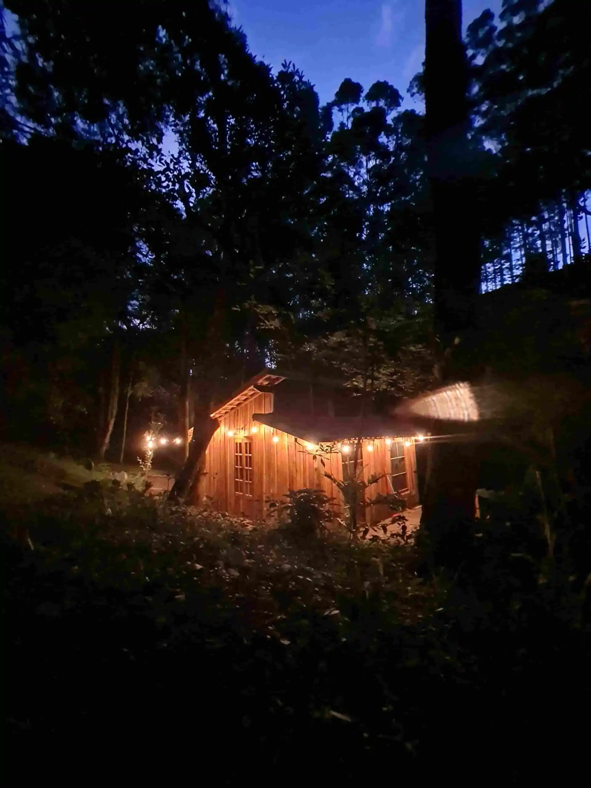 Vista de noite da Cabana Kel na mata toda de madeira na mata em Cunha-SP.