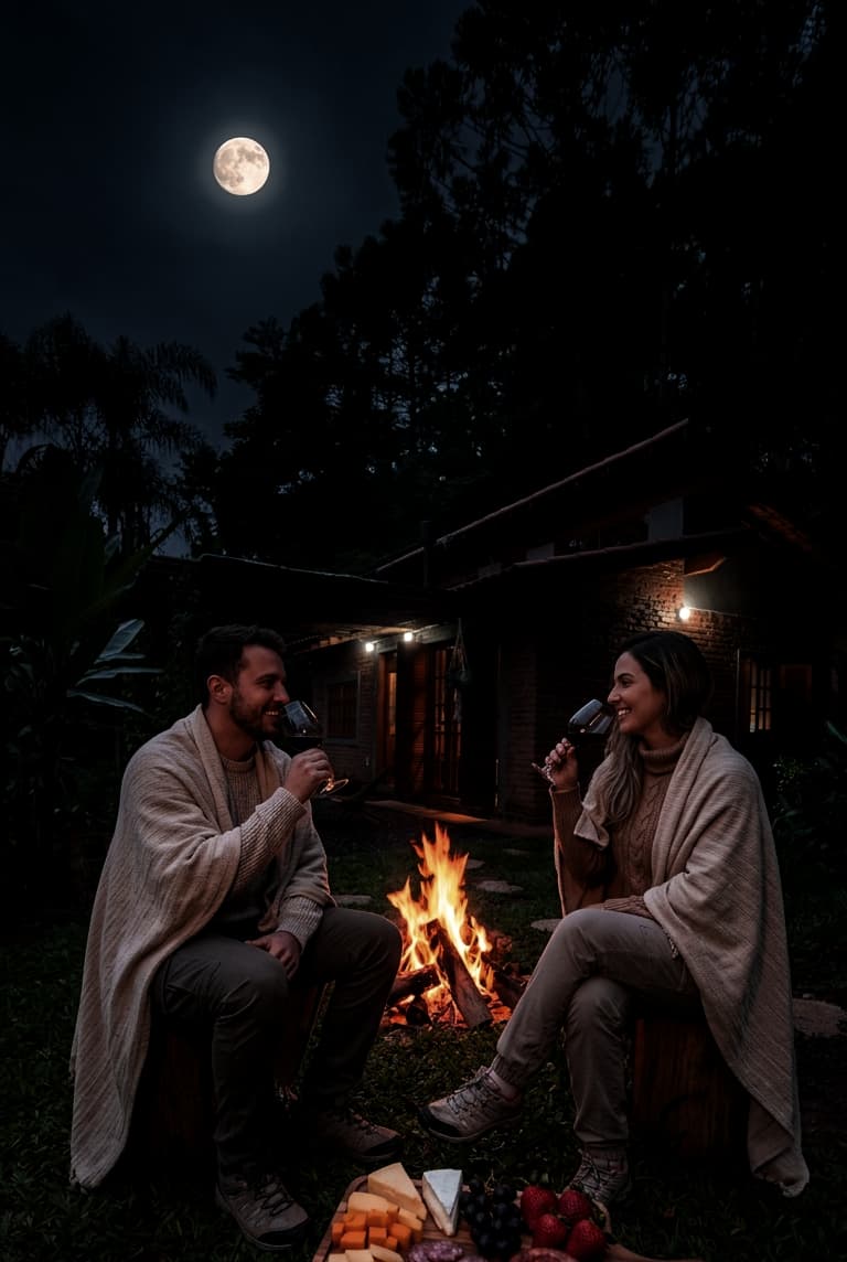 Casal na fogueira na Casinha de Campo tomando vindo Cabanário