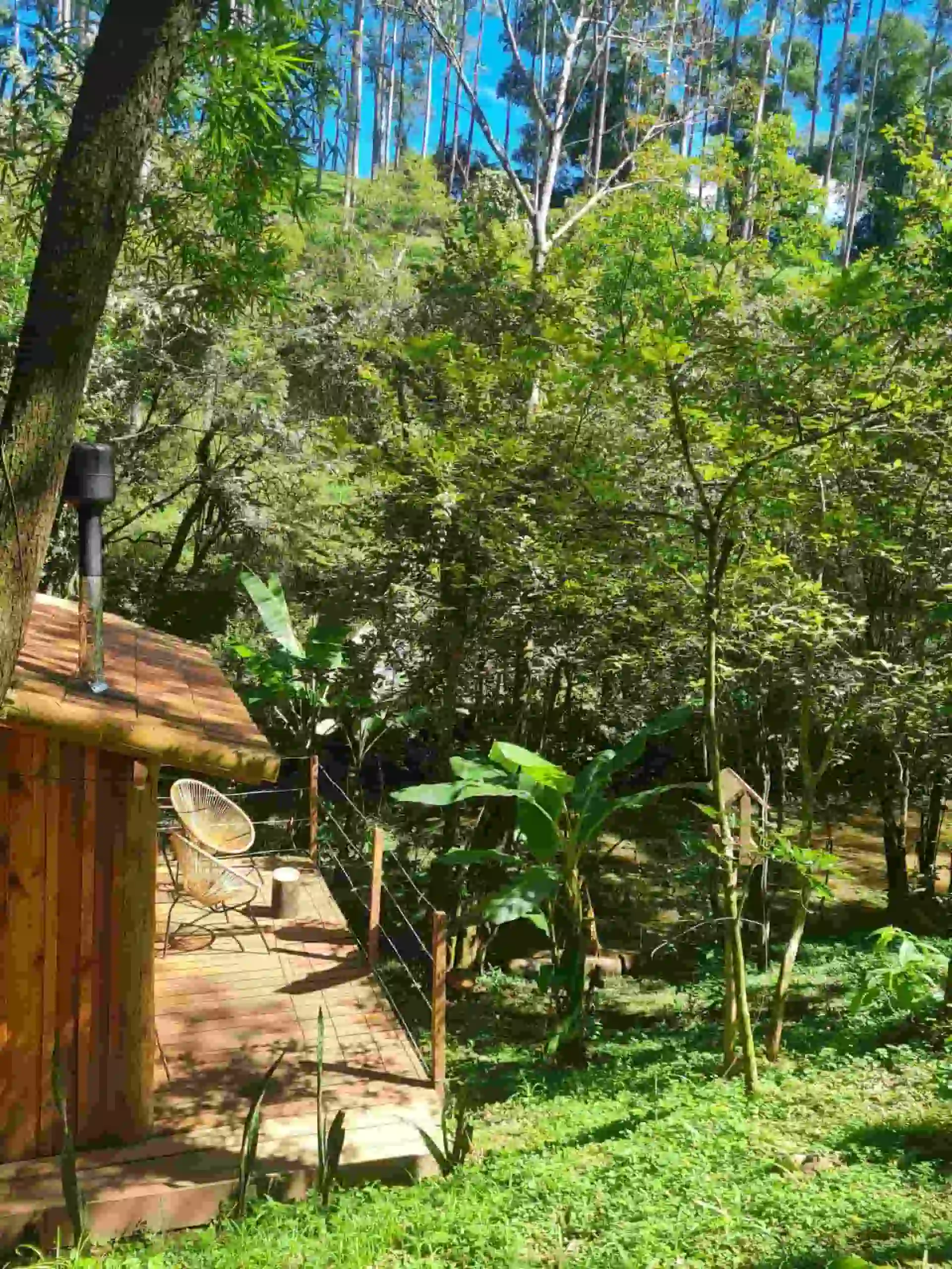 Fachada da cabana rústica à beira do lago no Sítio Cabanário, integrada à natureza e ideal para um refúgio exclusivo.