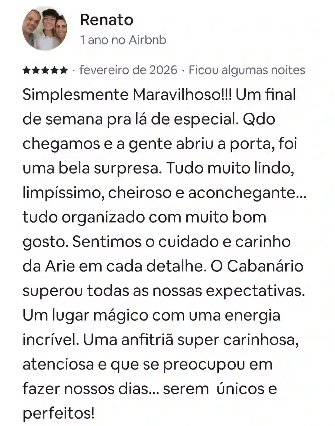 avaliação do hóspede do Cabanario em Cunha-SP sobre as Cabanas de Madeira.