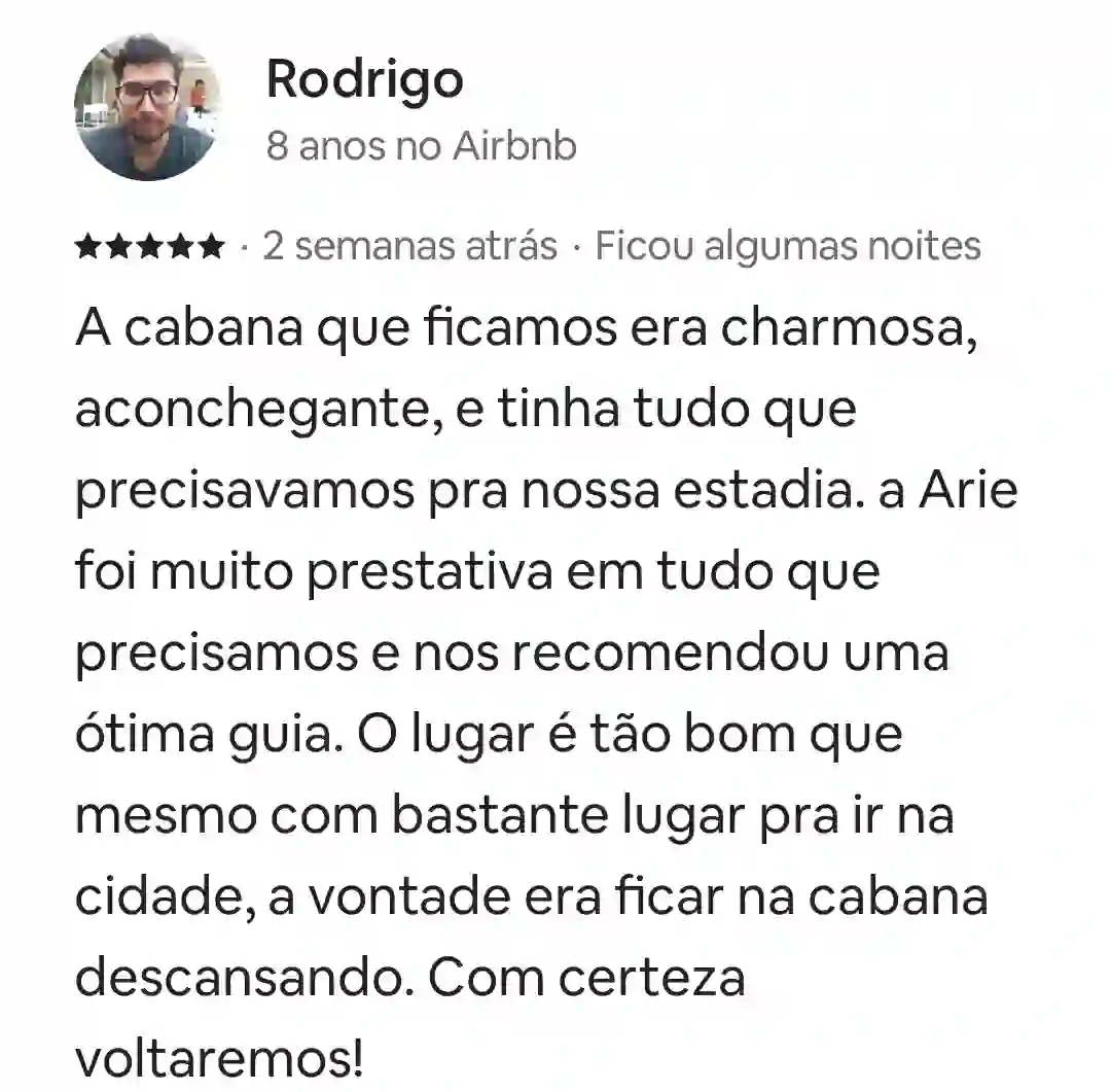 avaliação do hóspede do Cabanario em Cunha-SP sobre as Cabanas de Madeira.
