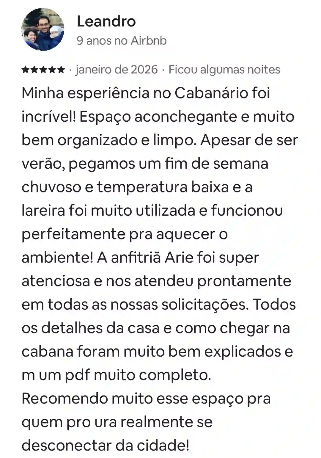 avaliação do hóspede do Cabanario em Cunha-SP sobre as Cabanas de Madeira.
