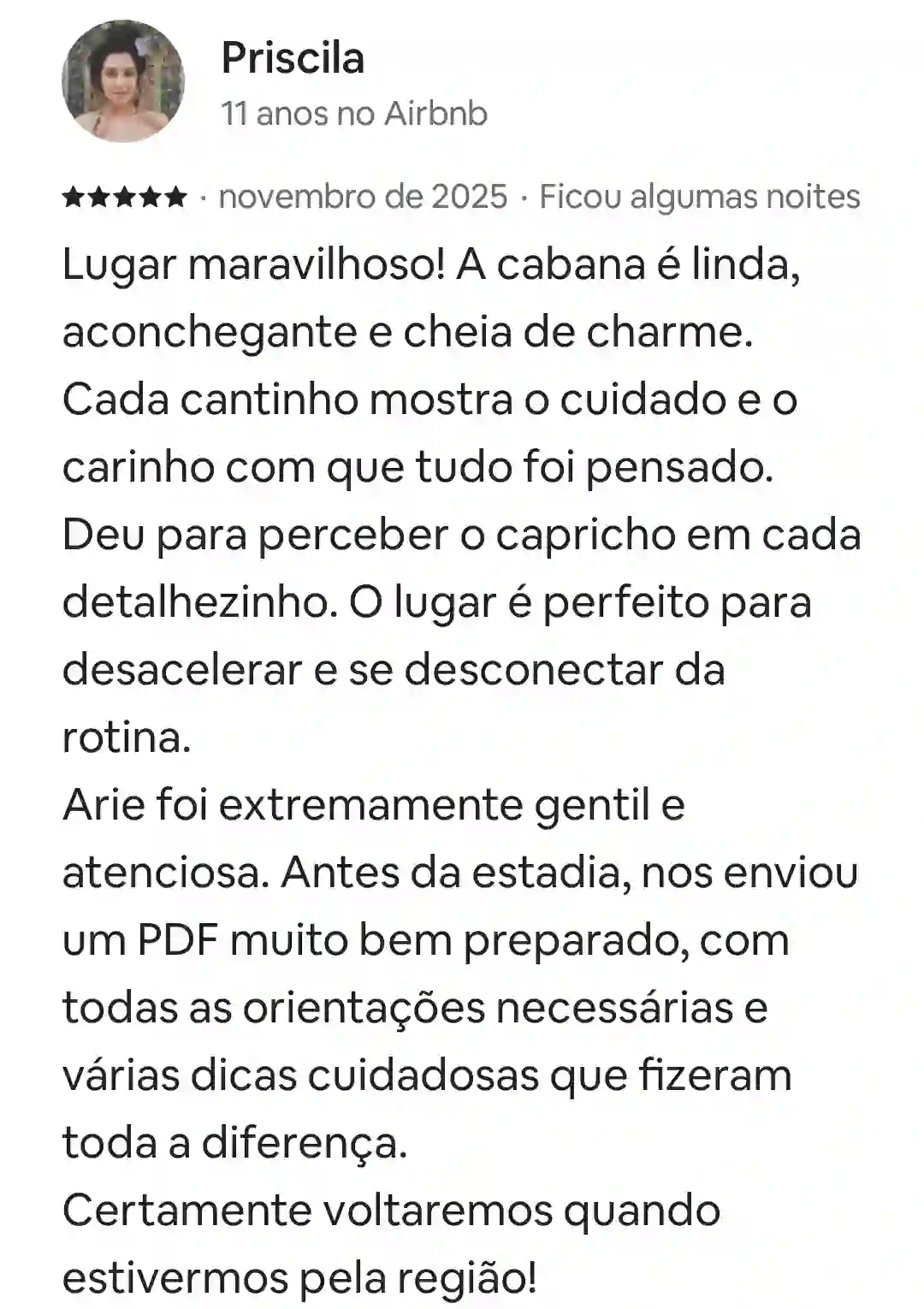 avaliação do hóspede do Cabanario em Cunha-SP sobre as Cabanas de Madeira.
