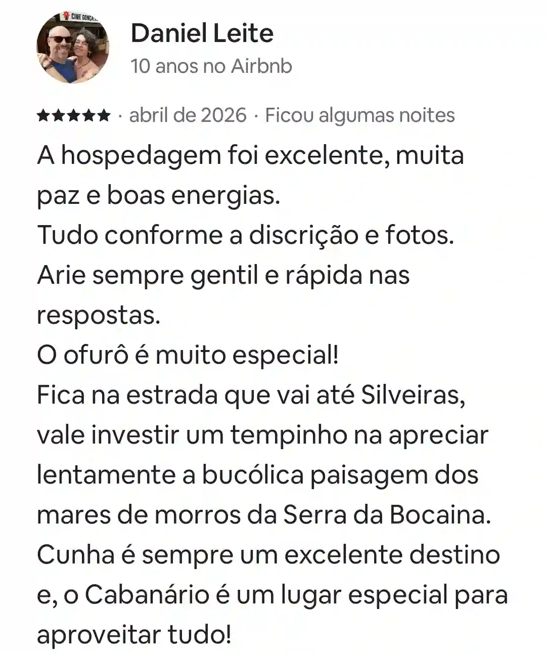 avaliação do hóspede do Cabanario em Cunha-SP sobre as Cabanas de Madeira.