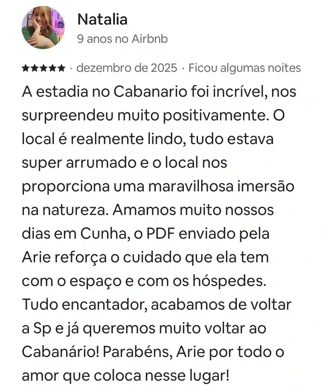 avaliação do hóspede do Cabanario em Cunha-SP sobre as Cabanas de Madeira.