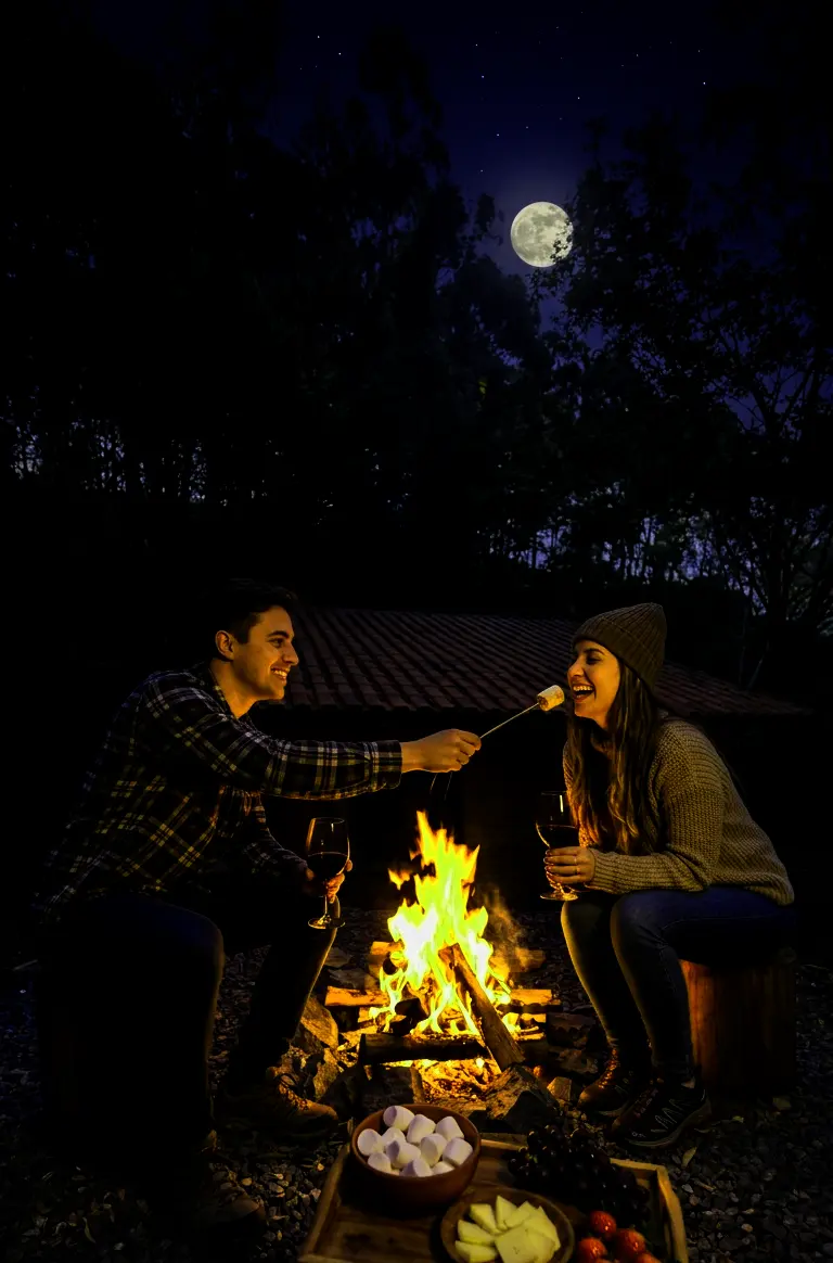 Casal na Fogueira ao anoitecer com vinho e marshmallows.