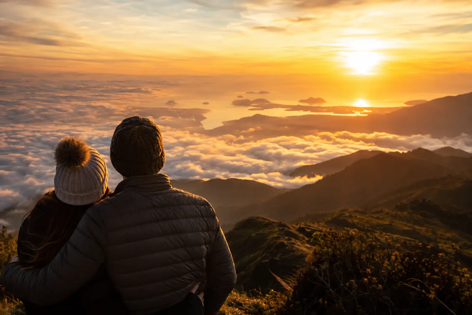 Casal abraçado contemplando o nascer do sol na Pedra da Macela, em Cunha