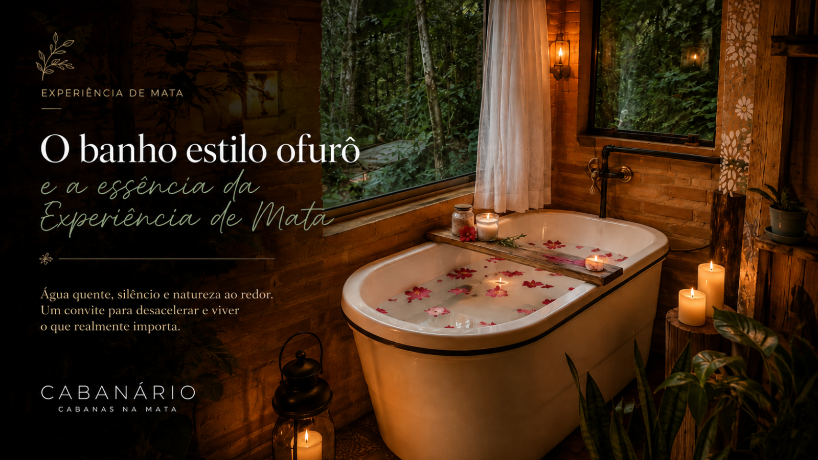 Banho estilo ofurô em cabana na mata em Cunha-SP, com água quente, pétalas de flores e velas